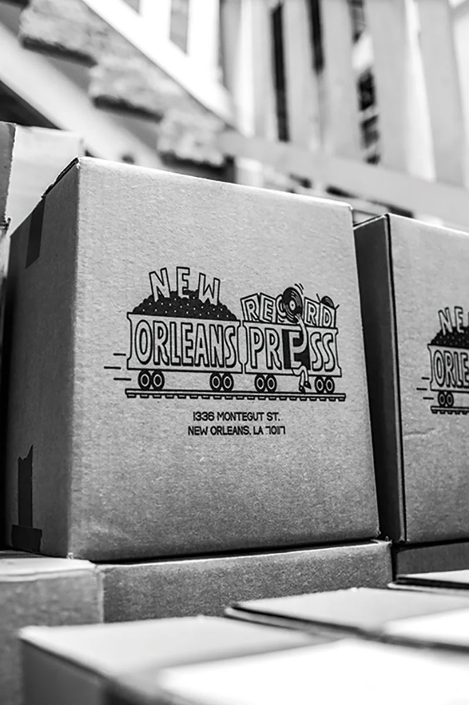 New Orleans Record Press branded shipping boxes, 1336 Montegut St.